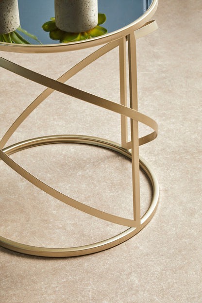 Avantis Champagne Finish Set of 2 Round Side Tables with Swirl Design