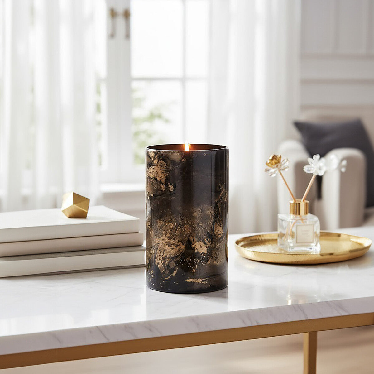 Black and Gold Marble Effect Large Candle Holder