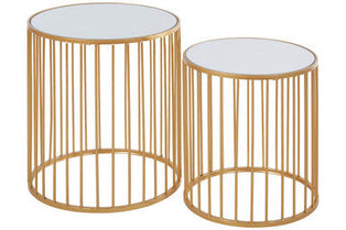 Avantis Gold Finish Set of 2 Round Side Tables with Vertical Bar Design
