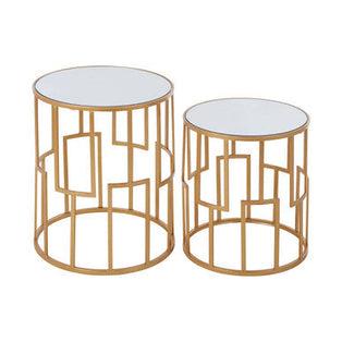 Avantis Gold Finish Set of 2 Round Side Tables with Art Deco Design
