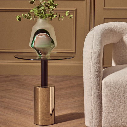 Oria Clear Glass Round Side Table with Black and Gold Finish Base