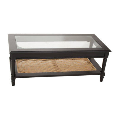 Corso Black Coffee Table with Natural Rattan Shelf