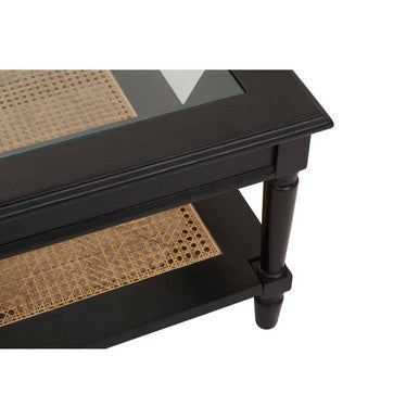 Corso Black Coffee Table with Natural Rattan Shelf