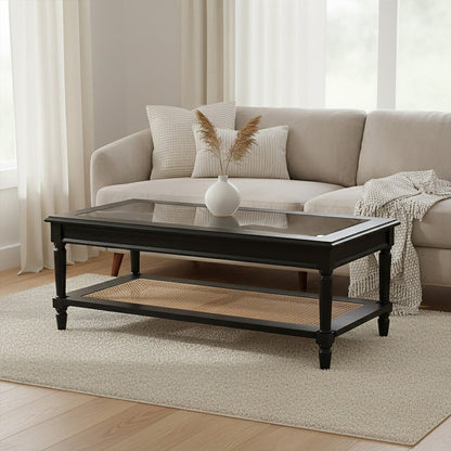 Corso Black Coffee Table with Natural Rattan Shelf