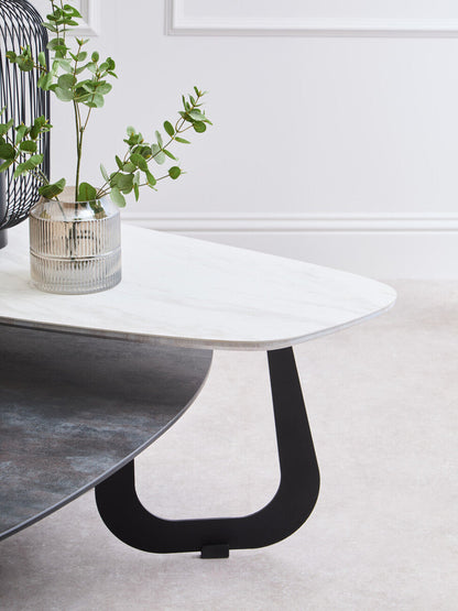 Imperia White Ceramic 2 Tier Asymmetrical Large Coffee Table