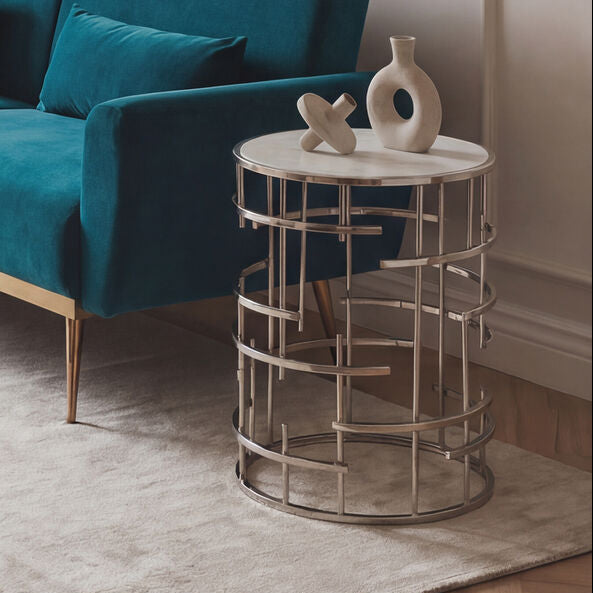 Jaipur White Marble and Silver Finish Side Table
