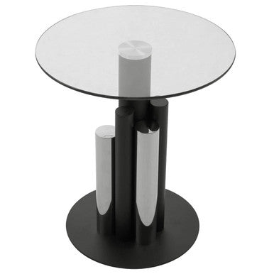 Oria Clear Glass Round Side Table with Silver and Black Base