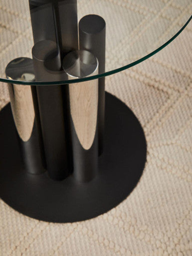 Oria Clear Glass Round Side Table with Silver and Black Base