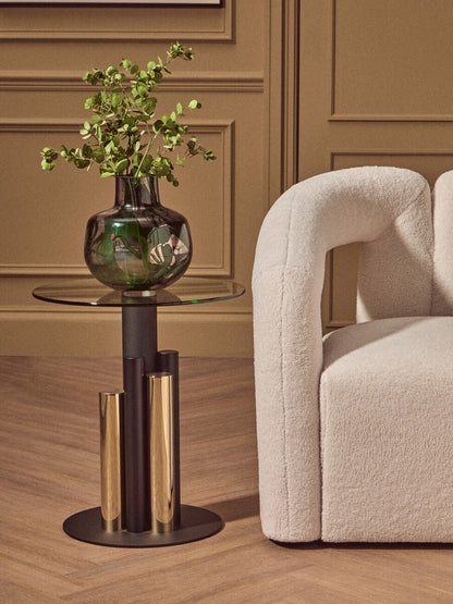 Oria Clear Glass Round Side Table with Gold and Black Base