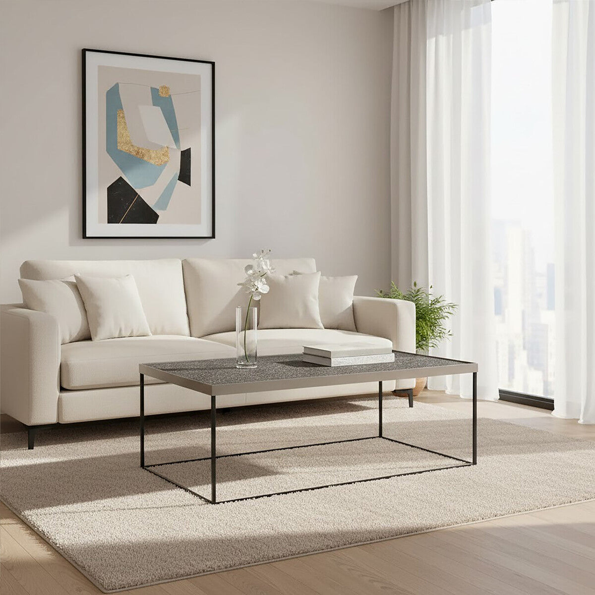 Akola Silver Metal and Glass Coffee Table with Black Legs