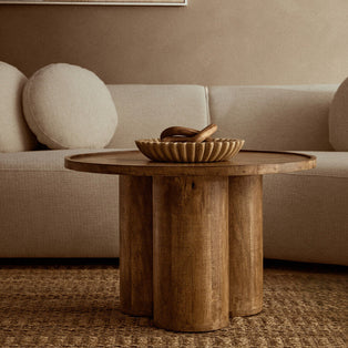 Natural Mango Wood Coffee Table with Column Base and Rounded Top | Walsa