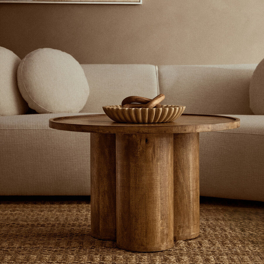 Natural Mango Wood Coffee Table with Column Base and Rounded Top | Walsa