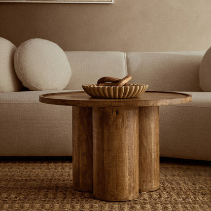 Natural Mango Wood Coffee Table with Column Base and Rounded Top | Walsa