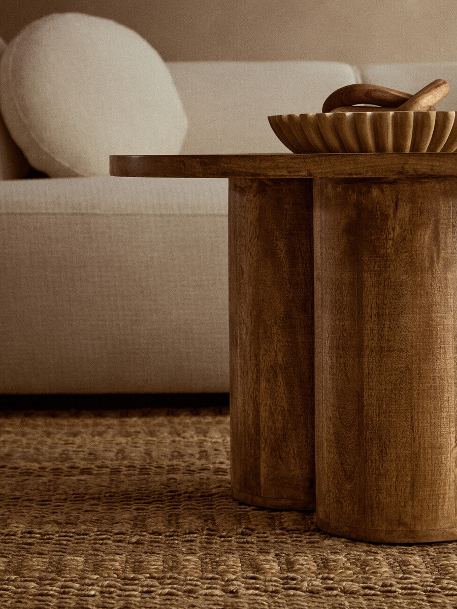 Natural Mango Wood Coffee Table with Column Base and Rounded Top | Walsa