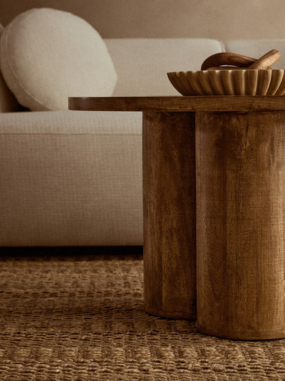 Natural Mango Wood Coffee Table with Column Base and Rounded Top | Walsa
