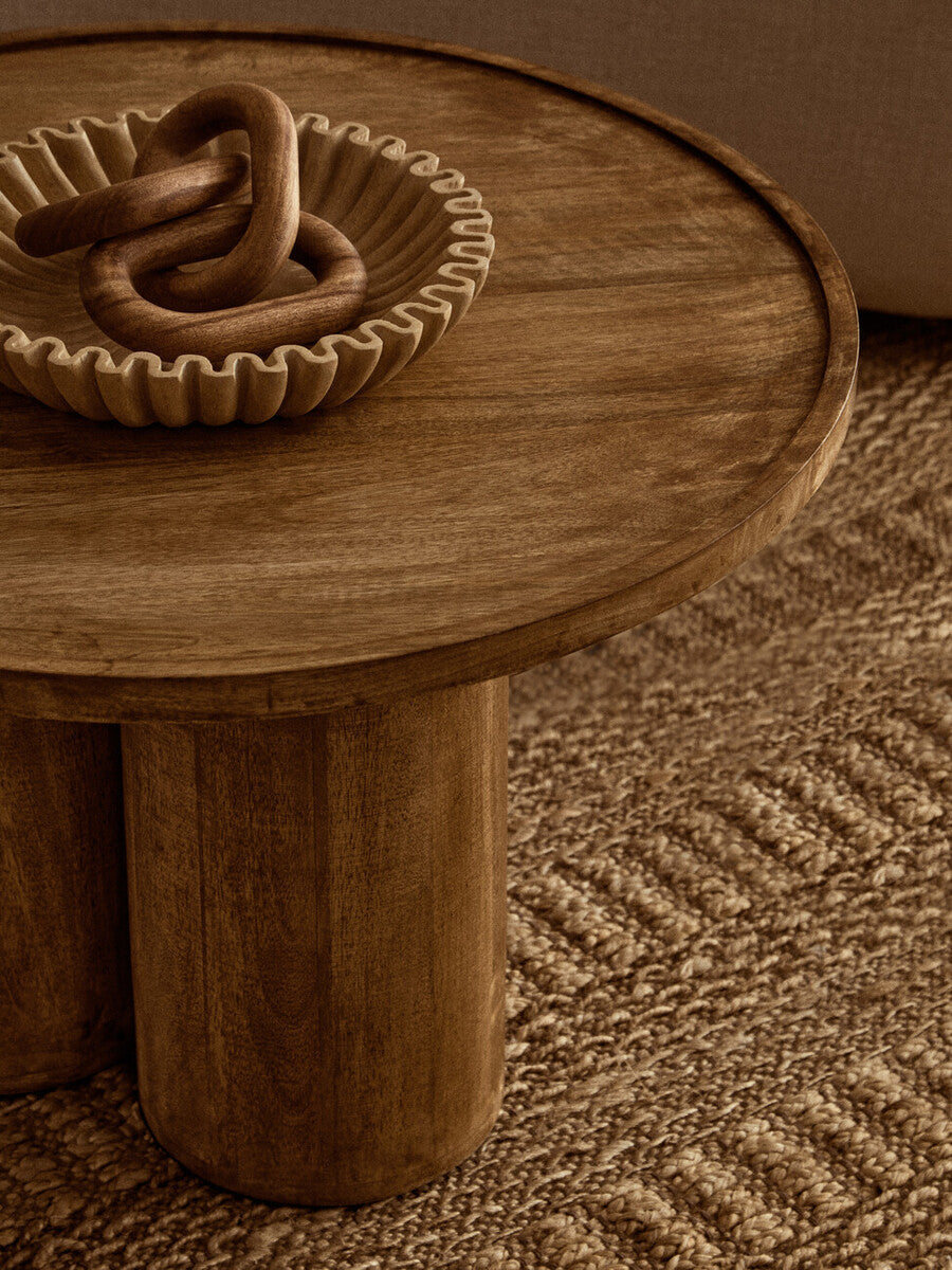 Natural Mango Wood Coffee Table with Column Base and Rounded Top | Walsa