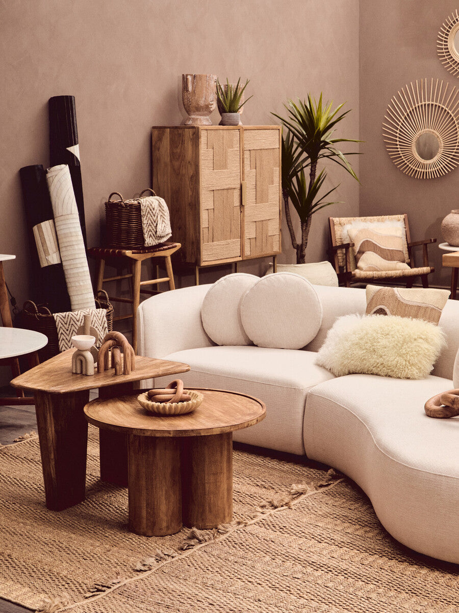 Natural Mango Wood Coffee Table with Column Base and Rounded Top | Walsa