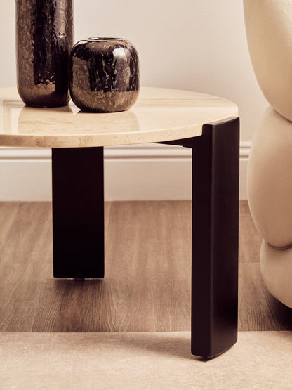 Palermo Cream Marble and Black Acacia Wood Small Round Coffee Table