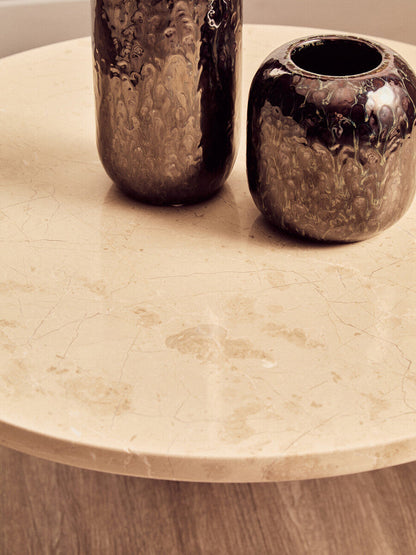 Palermo Cream Marble and Black Acacia Wood Small Round Coffee Table