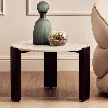 White Round Marble Top Small Coffee Table with Black Acacia Legs | Palermo