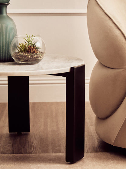 White Round Marble Top Small Coffee Table with Black Acacia Legs | Palermo