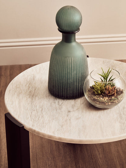 White Round Marble Top Small Coffee Table with Black Acacia Legs | Palermo