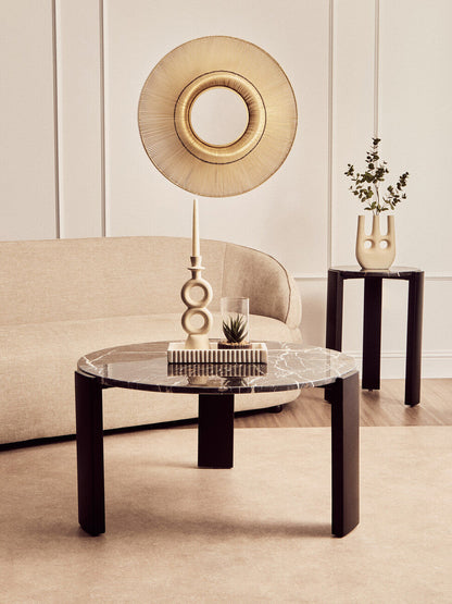 Black Marble Top Round Side Table with Black Acacia Wood Legs | Palermo