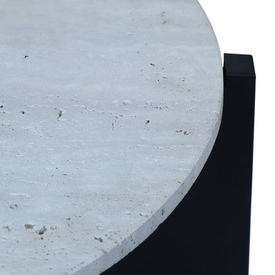 Cream Travertine Top Coffee Table with Black Acacia Wood Geometric Frame | Winton
