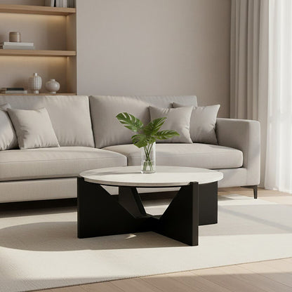 Cream Travertine Top Coffee Table with Black Acacia Wood Geometric Frame | Winton