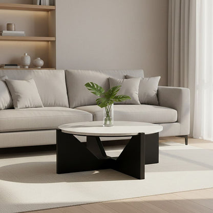 Cream Travertine Top Coffee Table with Black Acacia Wood Geometric Frame | Winton