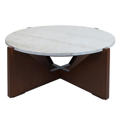 Winton Cream Travertine and Brown Finish Acacia Wood Coffee Table