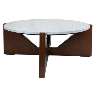Winton Cream Travertine and Brown Finish Acacia Wood Coffee Table
