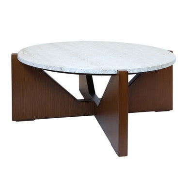 Winton Cream Travertine and Brown Finish Acacia Wood Coffee Table