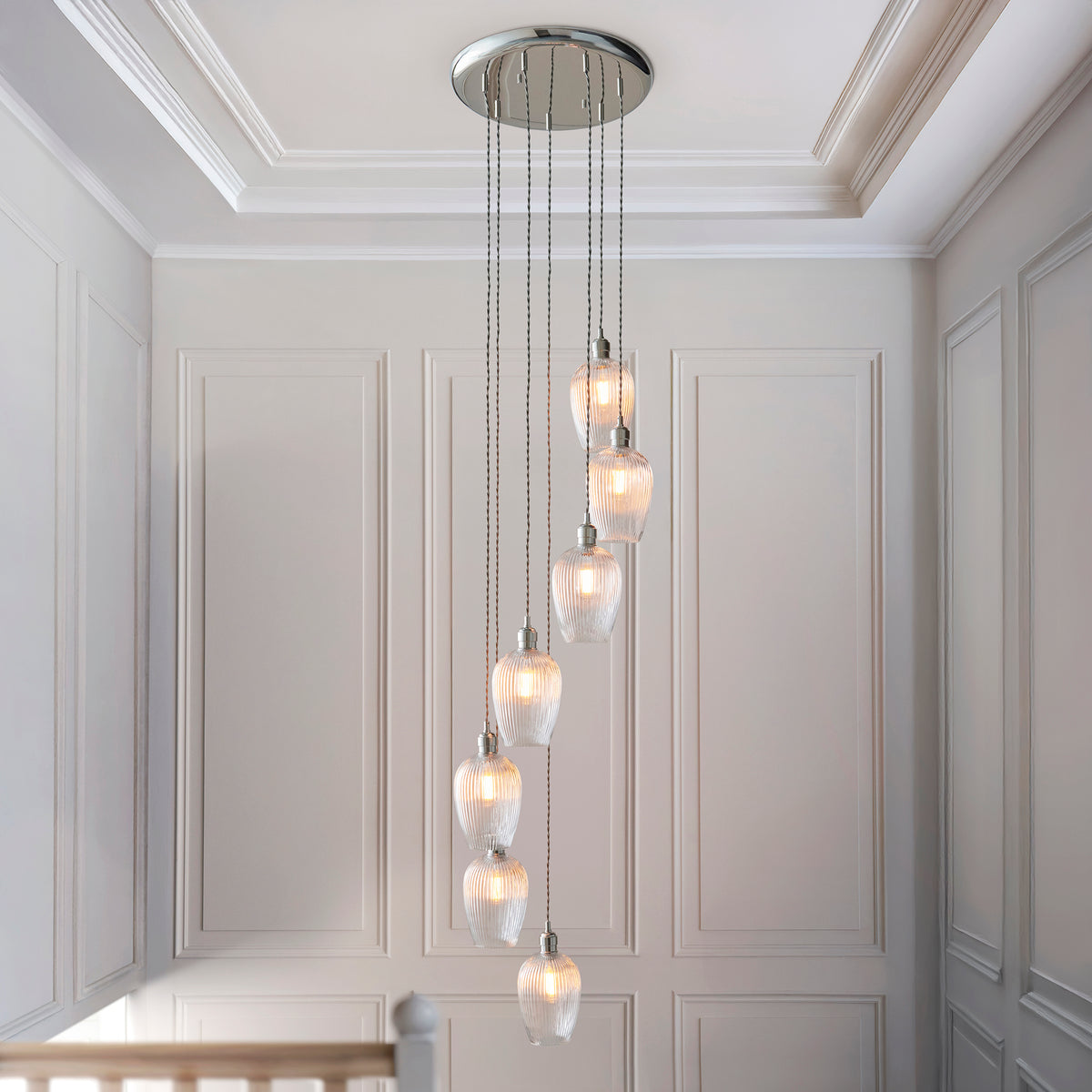 Stourton 7 Light Nickel & Ribbed Glass Cascade Pendant Light