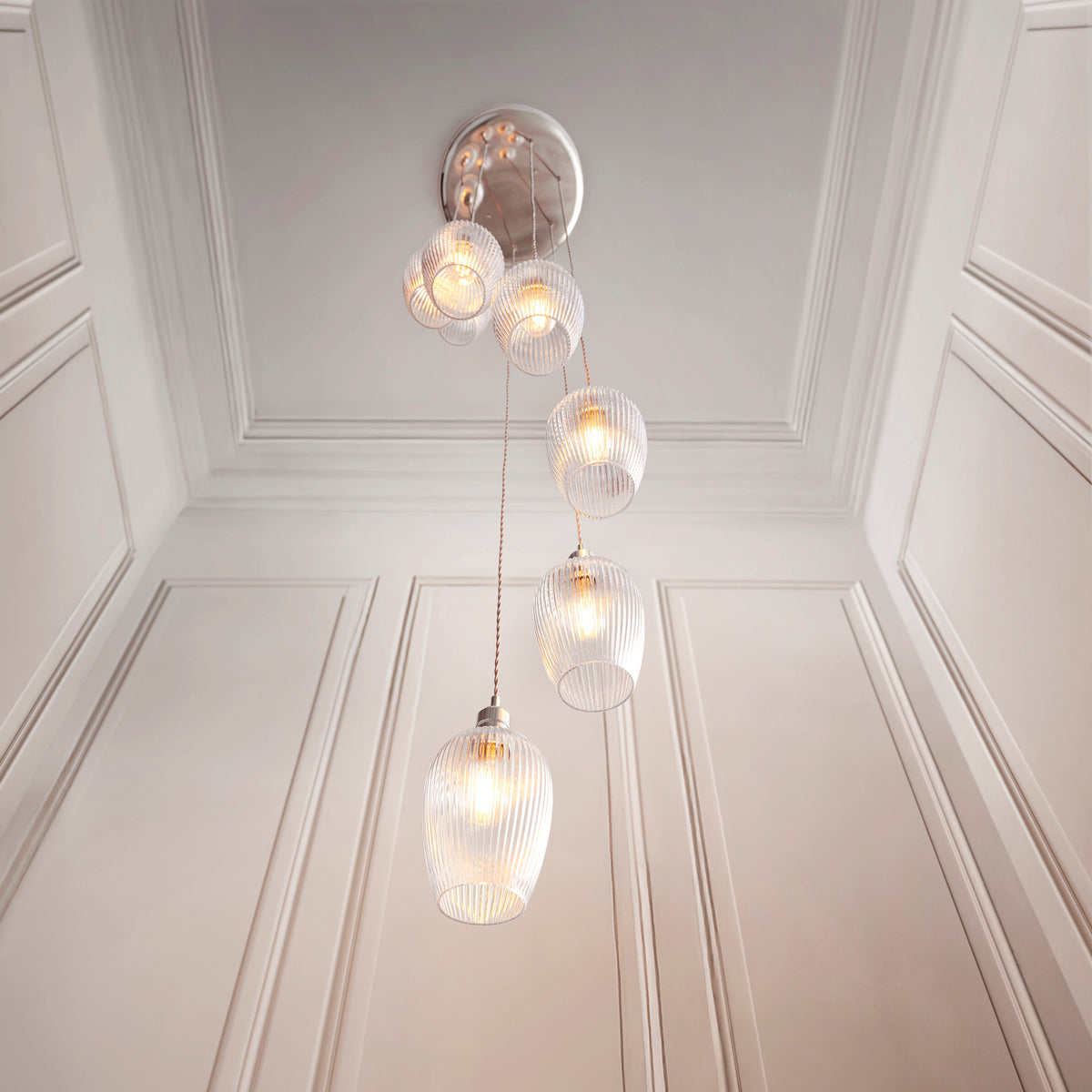 Stourton 7 Light Nickel & Ribbed Glass Cascade Pendant Light
