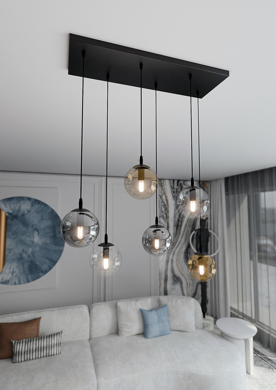Cosmo 6 Light Pendant Black, Graphite & Amber