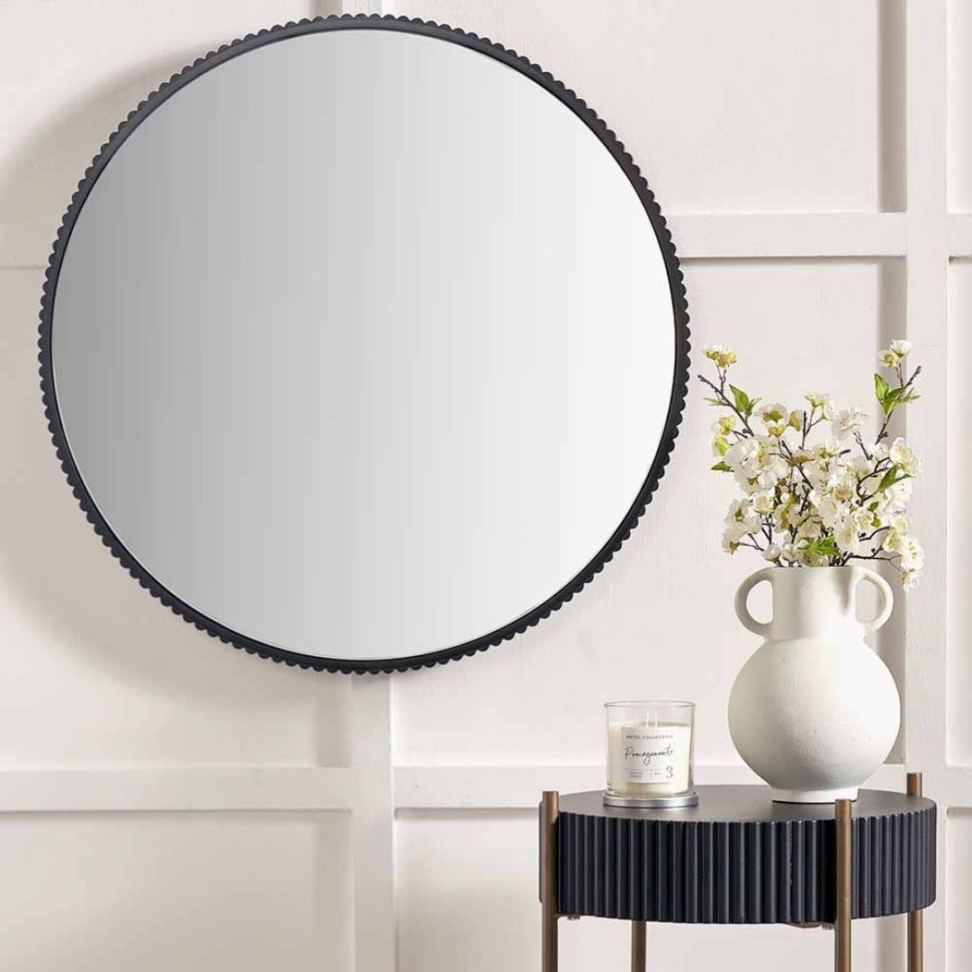 Black Metal Textured Round Wall Mirror