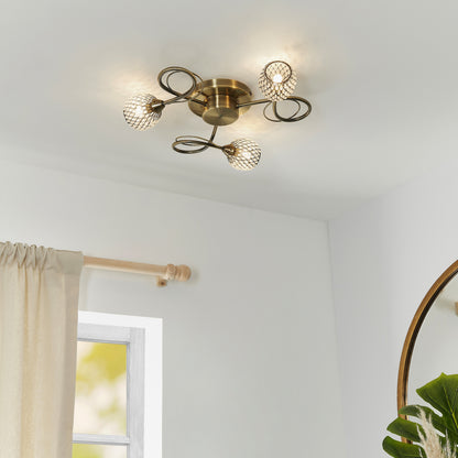 Aherne 3 Light Semi Flush Antique Brass