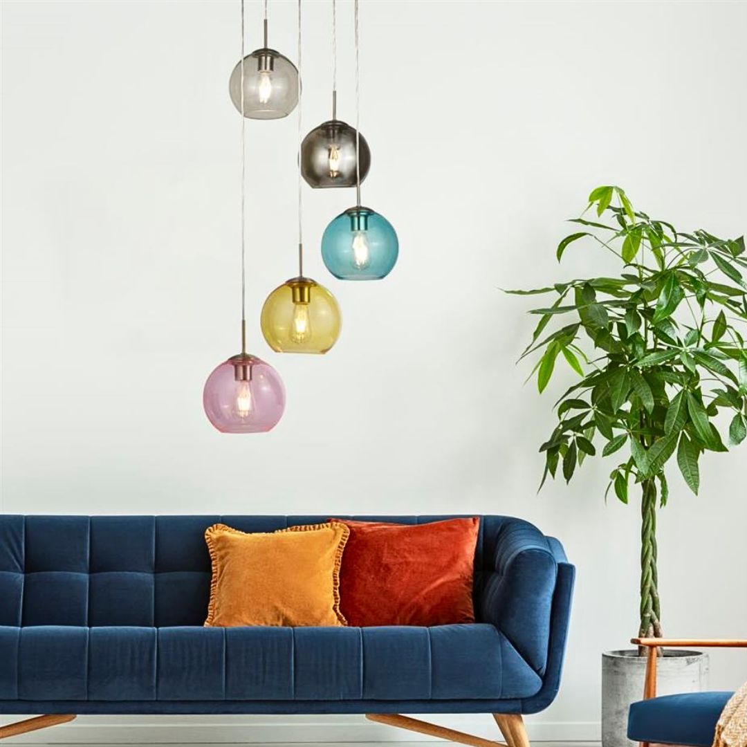 Mardi Gras 5 Light Chrome and Coloured Glass Pendant Ceiling Light