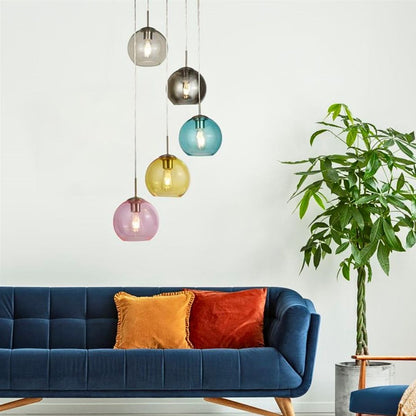 Mardi Gras 5 Light Chrome and Coloured Glass Pendant Ceiling Light