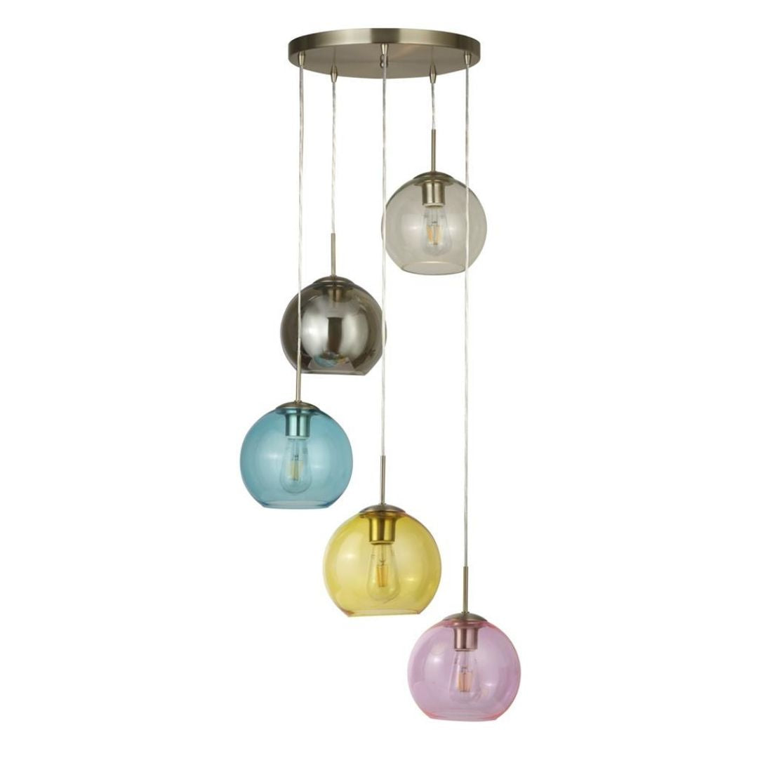 Mardi Gras 5 Light Chrome and Coloured Glass Pendant Ceiling Light