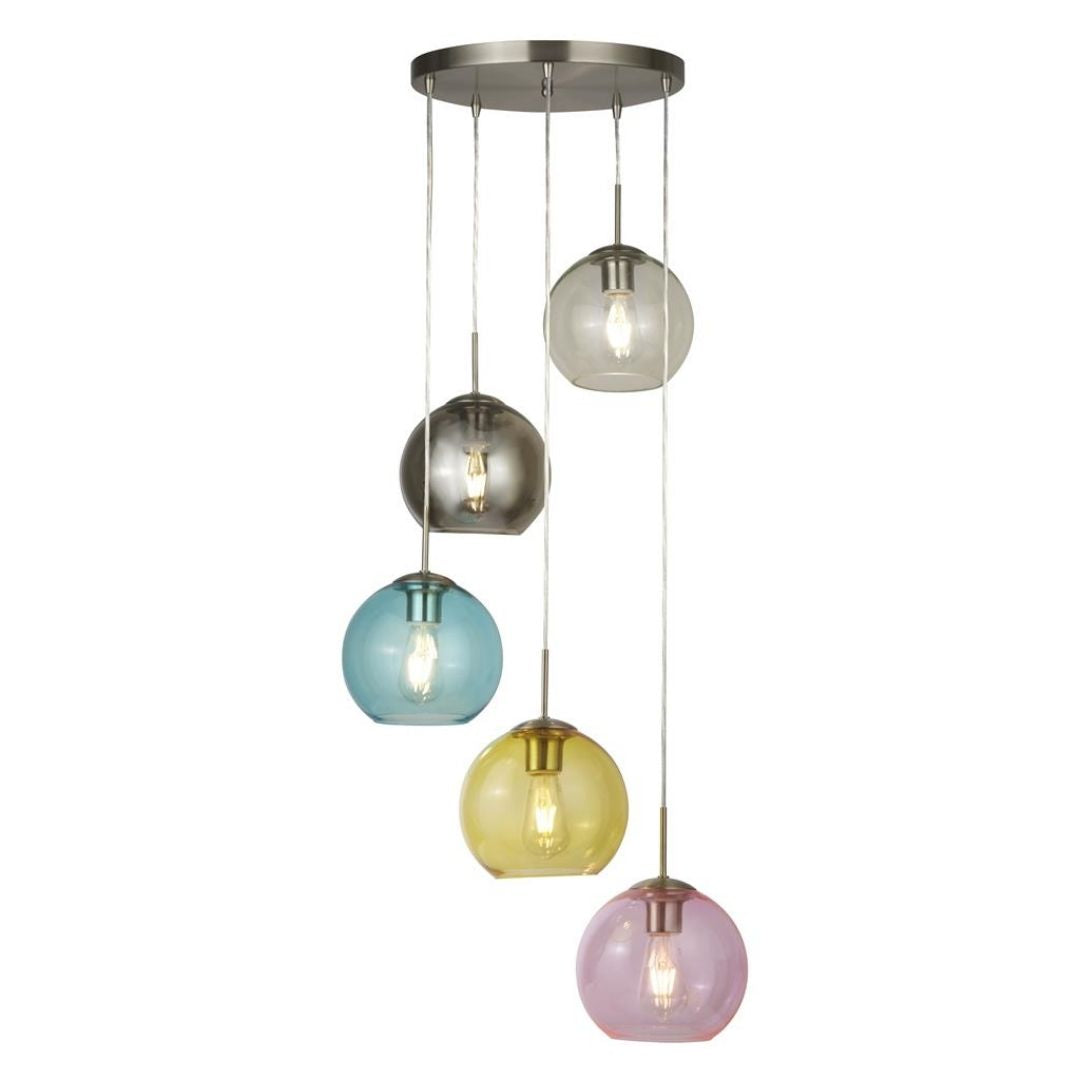 Mardi Gras 5 Light Chrome and Coloured Glass Pendant Ceiling Light