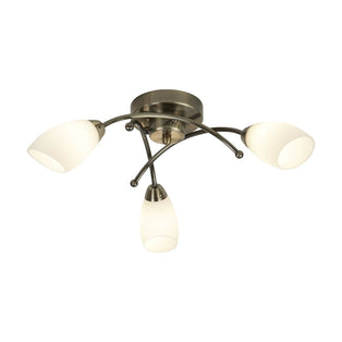 Opera 3 Light Antique Brass & Opal Glass Flush Ceiling Light