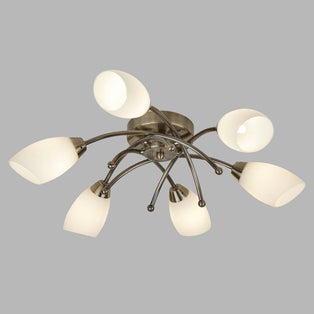 Opera 6 Light Antique Brass & Opal Glass Flush Ceiling Light