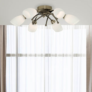 Opera 6 Light Antique Brass & Opal Glass Flush Ceiling Light