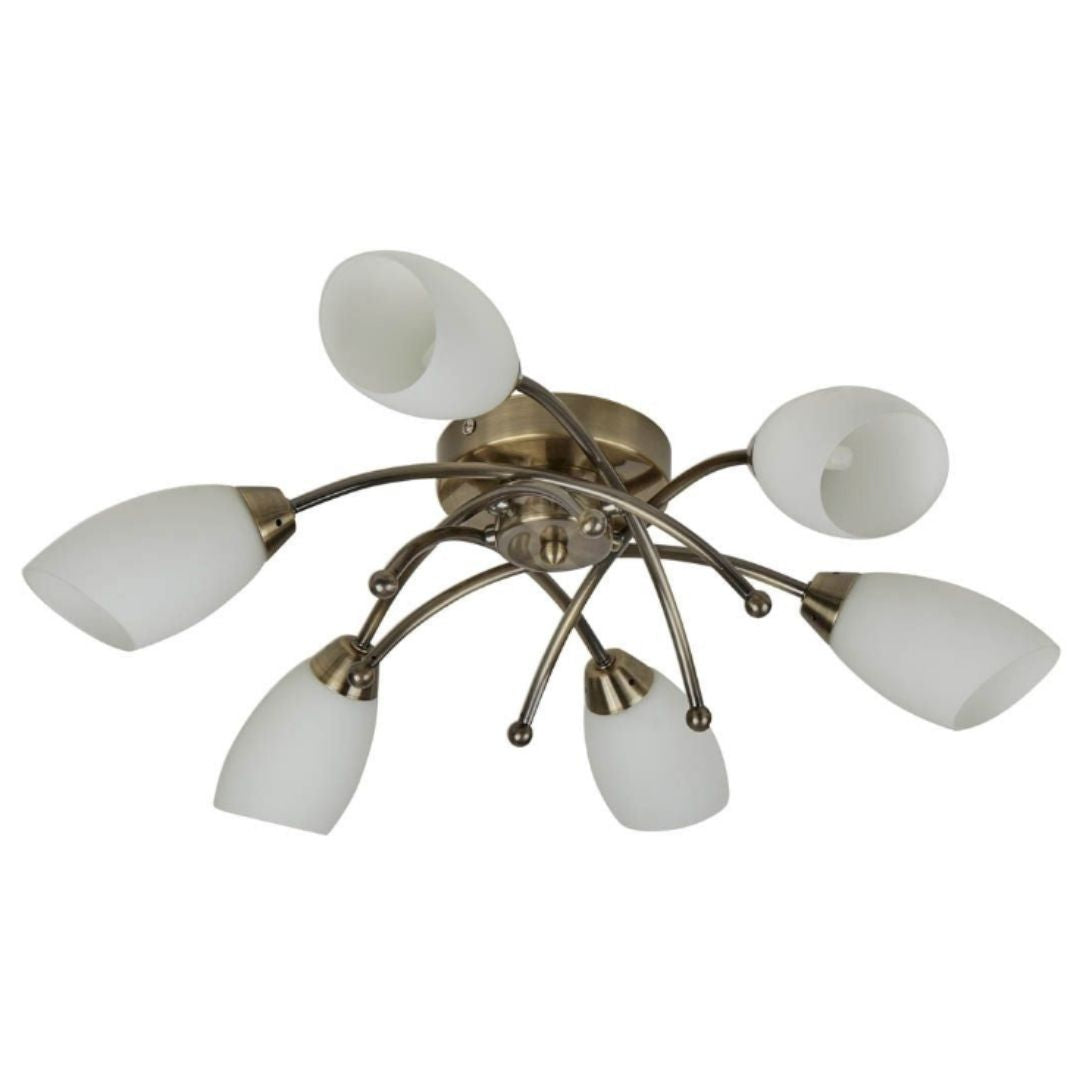 Opera 6 Light Antique Brass & Opal Glass Flush Ceiling Light