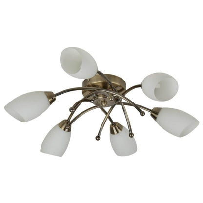 Opera 6 Light Antique Brass & Opal Glass Flush Ceiling Light