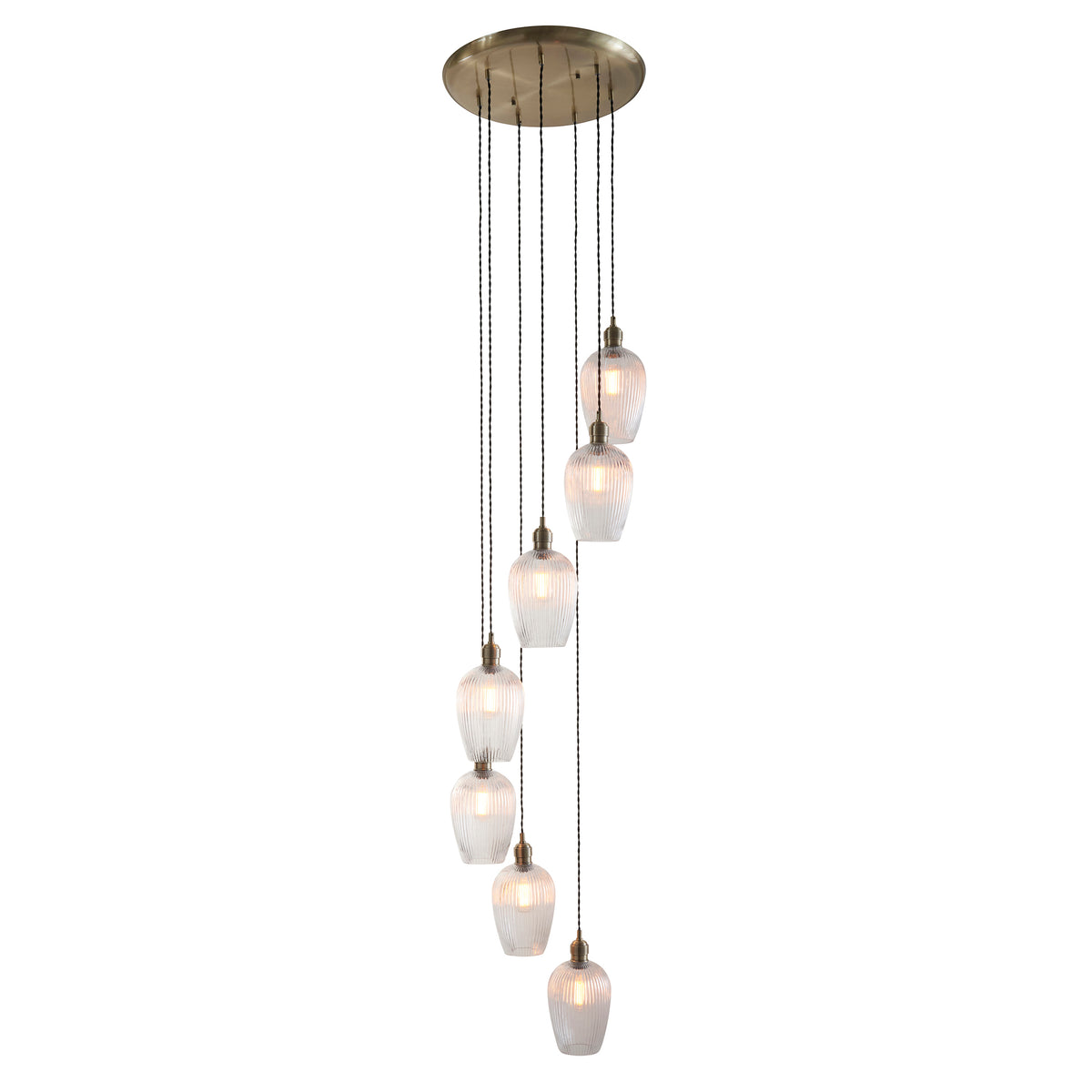 Stourton 7 Light Antique Brass & Ribbed Glass Cascade Pendant Light