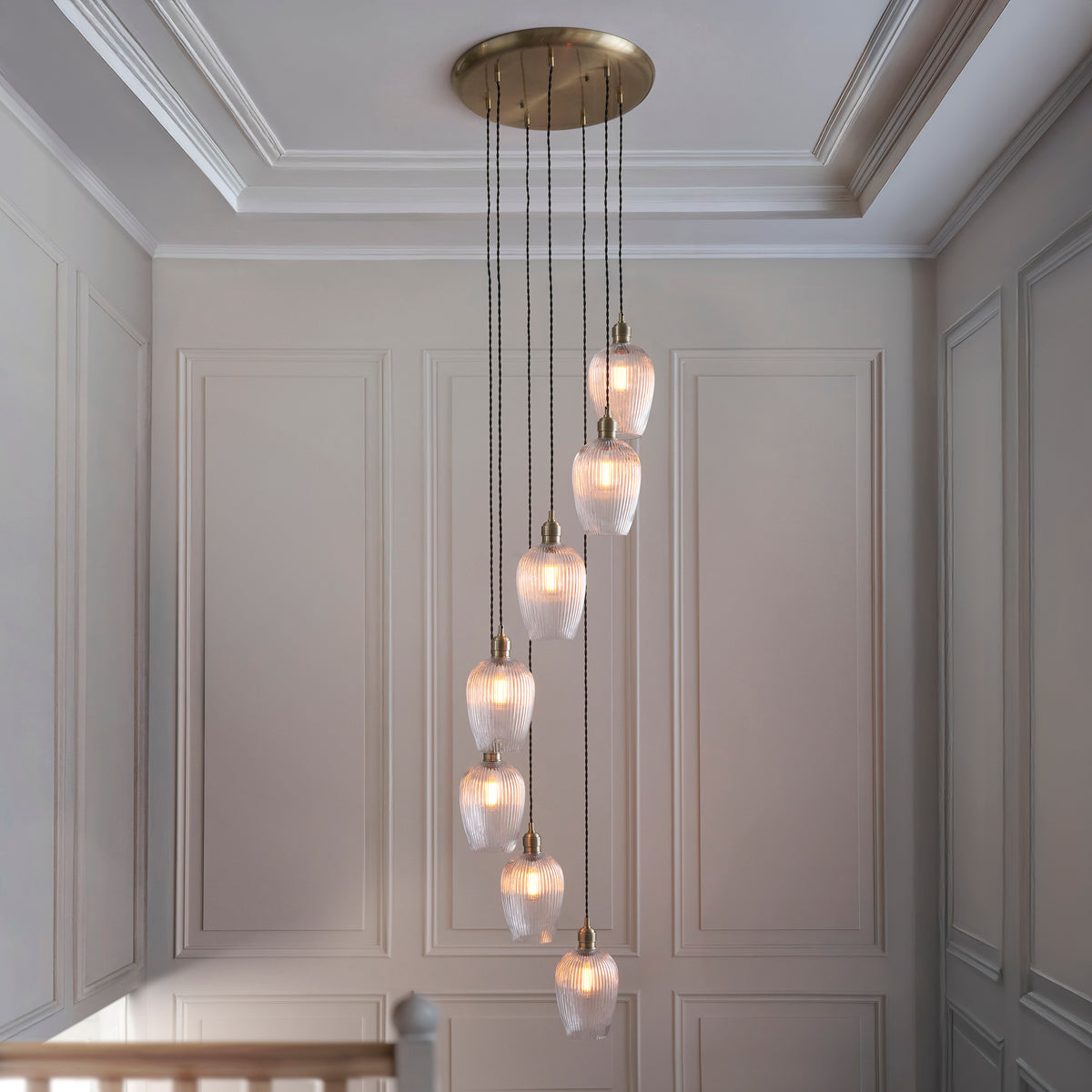 Stourton 7 Light Antique Brass & Ribbed Glass Cascade Pendant Light