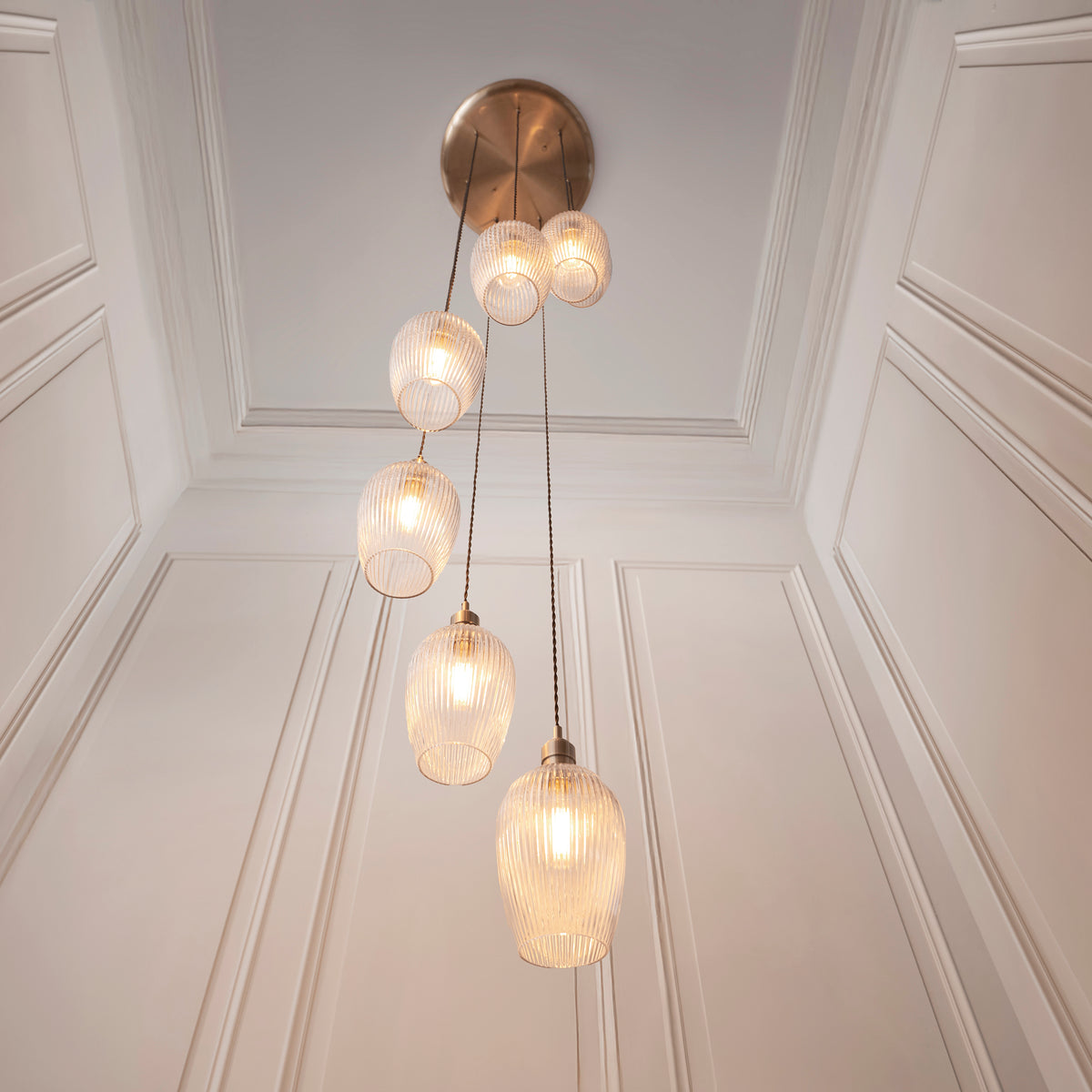 Stourton 7 Light Antique Brass & Ribbed Glass Cascade Pendant Light